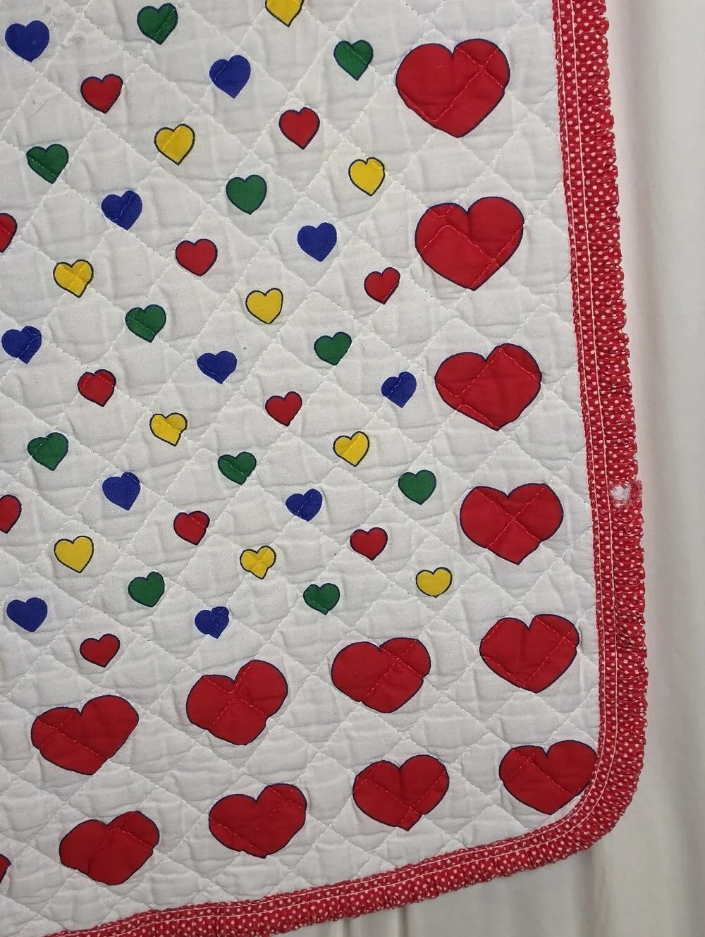 Vtg 1980s Sears Red Calliope Baby Crib Quilt Blanket Blue Elephant Hearts Ruffle